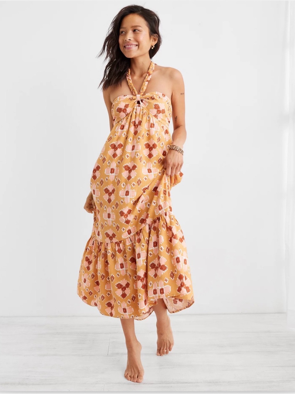 Aerie High Low Halter Maxi Sundress in Yellow, Size Large